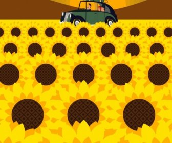 Travel Painting Sunflower Field Car Sun Icons Decoration