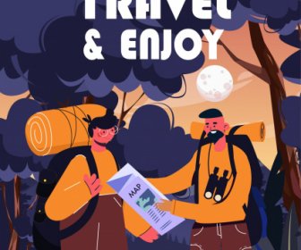 Travel Poster Backpackers Forest Scene Cartoon Design
