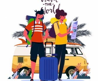 Viaggio Poster Bus Turisti Bagaglio Schizzo Personaggi Dei Cartoni Animati