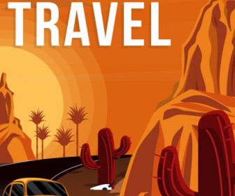 путешествия классический дизайн плаката автомобилей пустынной дороге сцены
