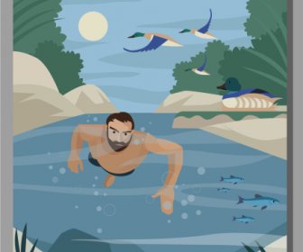 Poster Di Viaggio Subacqueo Uomo Flusso Scena Disegno Dei Cartoni Animati