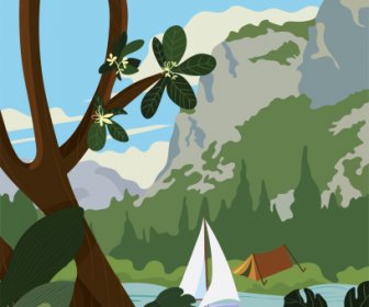 旅行ポスターテンプレート山の川帆船テント装飾
