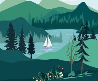 여행 포스터 템플릿 자연 호수 풍경 스케치