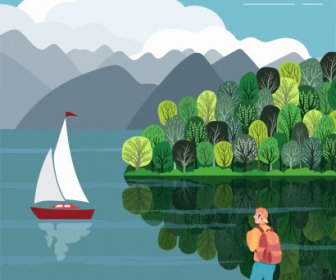 Reiseplakat Vorlage Touristische Flussufer Segelboot Skizze