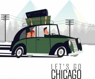 Travel Theme Car Luggage Icons Cartoon Design