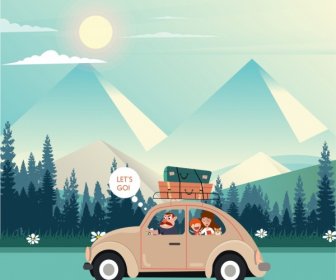 Podróże Tematu, Rodzinny Samochód Góry Ikona Kolorowe Cartoon