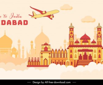 Travel To Ahmedabad Banner Template Classical Architecture Clouds Decor