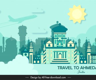 Travel To Ahmedabad Banner Traditional Indian Architecture Clouds Sketch