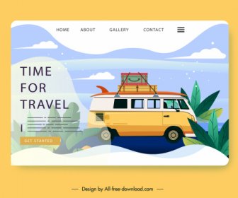 Travel Webpage Template Bus Vacation Sketch Colorful Decor