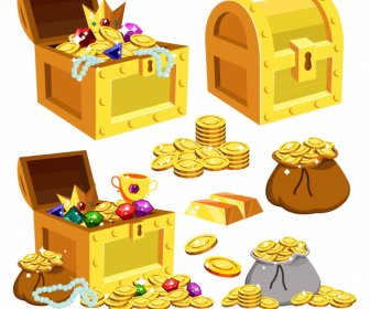 Treasure Icons Coins Gold Gems Sketch 3d Design