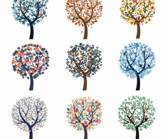 شجرة الرموز جمع تزهر رسم رسم شقة ملونة