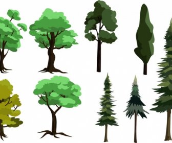 Tree Icons Collection Various Types Green Design