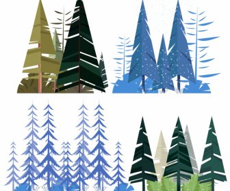 Tree Icons Colored Classic Flat Sketch