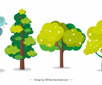 Tree Icons Colored Classical Handdrawn Design