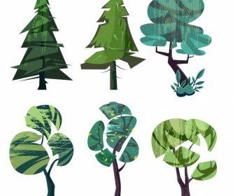 Tree Icons Colored Retro Handdrawn Sketch