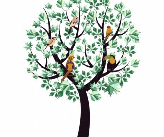 Pohon Lukisan Burung Hijau Daun Dekorasi Datar Sketsa