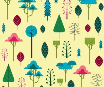 Trees Background Various Colored Icons Flat Design