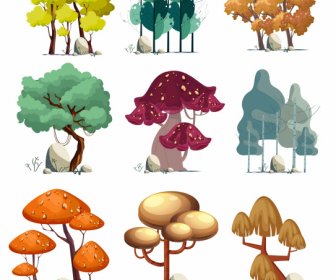 Trees Icons Collection Colored Classic Handdrawn Sketch