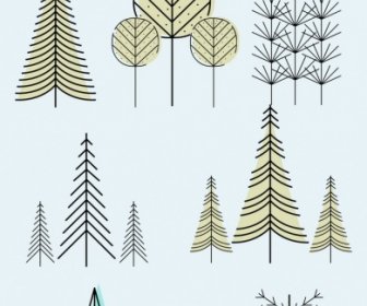 Trees Icons Collection Handdrawn Lines Outline