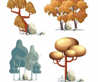 Icônes D’arbres Coloré Croquis Classique Tiré à La Main De Conception