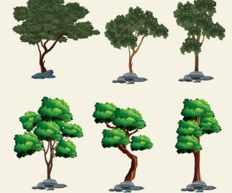 Trees Icons Colored Modern Sketch
