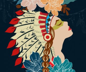Fond Tribal Foncé Coloré Décor De Femme De Fleurs Classiques