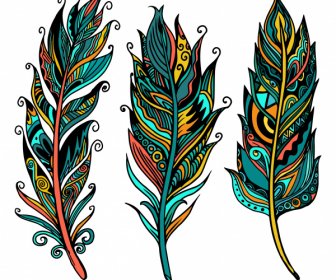 Tribal Feather Icons Colorful Classical Handdrawn Sketch