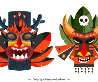 Tribal Mask Icons Colorful Classic Symmetric Decor