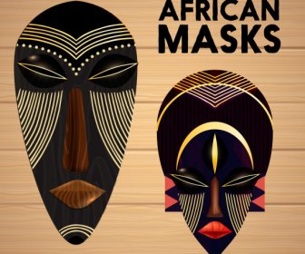 Iconos De Máscara Tribal Escolorida Decoración Oscura Diseño Simétrico