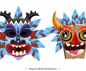 Tribal Mask Icons Colorful Frightened Faces Sketch
