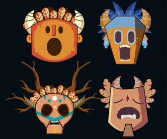 Tribal Masks Icons Collection Various Scary Types