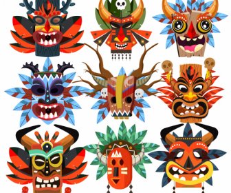 Máscaras Tribais ícones Coloridos Esboço Rostos Horríveis