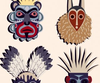 Isolamento De Tipos Colorido Assustador Máscaras Tribais ícones