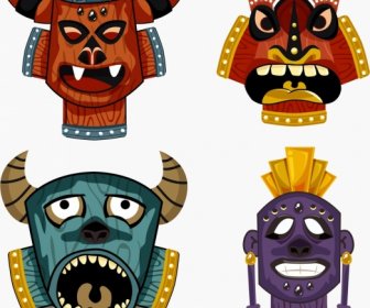 Ornamento De Horror Máscaras Tribales Plantillas Diseño Colorido