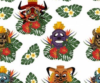 Padrão Tribal Horror Máscaras Flores Decoração Design Brilhante