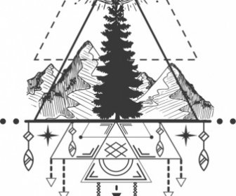 Tatuagem Tribal Modelo Montanha Bússola ícones Projeto Simétrico