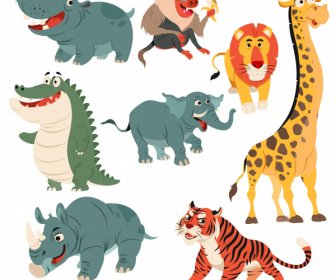 Tropical Animals Icons Cute Cartoon Character Sketch