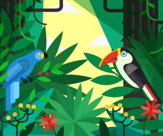 Fundo Tropical Plantas Da Floresta Papagaios ícones Decoração