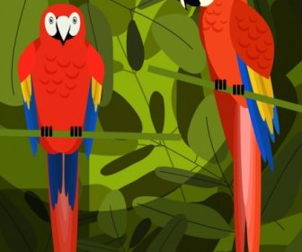 Kırmızı Papağan Simgeler Dekor Tropikal Arka Yeşil Yaprakları