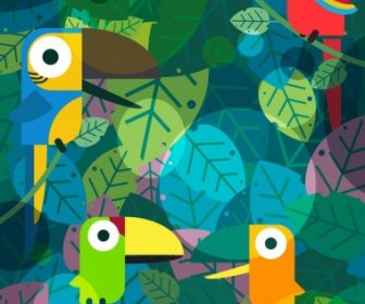 Latar Belakang Tropis Daun Burung Beo Ikon Berwarna-warni Desain Klasik