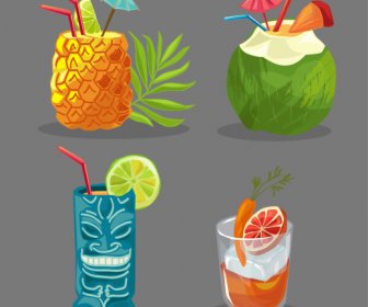 Tropical Beverages Icons Classical Handdrawn Sketch