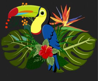 Tropical Decor Element Colorful Parrot Botany Leaves Sketch