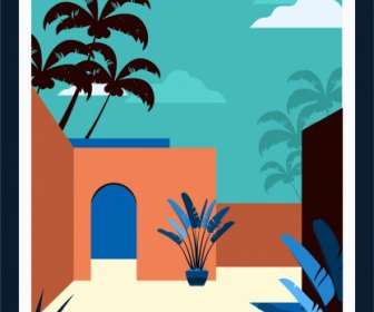 Tropische Fassade Vorlage Farbige Klassische Skizze