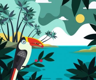 тропический пейзаж фона кокосового море попугай значки