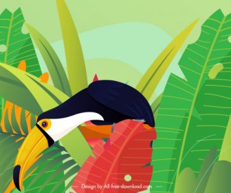 Tropikal Doğa Boyama Renkli Yaprakları Toucan Kuş Kroki