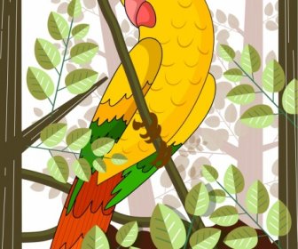 Pintura Tropical Papagaio Folha ícones Decoração Colorida