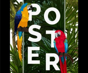 열대 포스터 템플릿 앵무새 나무 스케치 현대 다채로운