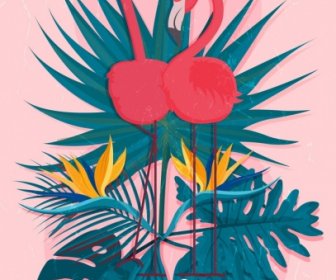 Tropical Summer Banner Flamingo Leaves Icons Classical Design