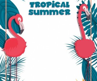 Tropical Summer Banner Template Flamingo Leaves Border Decor