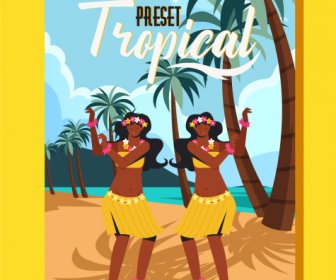 Tropikal Yaz Tatili Poster Yerel Dansçılar Plaj Sahnesi